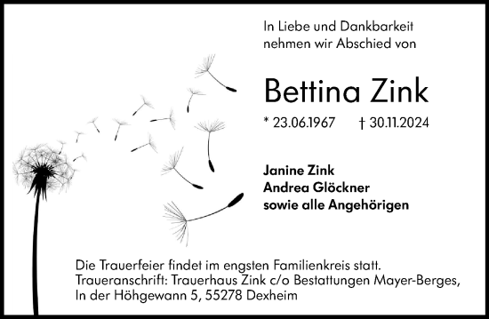 Traueranzeige von Bettina Zink von Allgemeine Zeitung Mainz