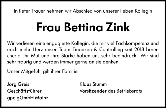 Traueranzeige von Bettina Zink von Allgemeine Zeitung Mainz