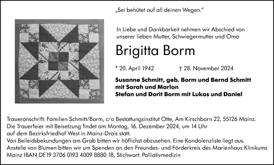 Traueranzeige von Brigitta Borm von Allgemeine Zeitung Mainz