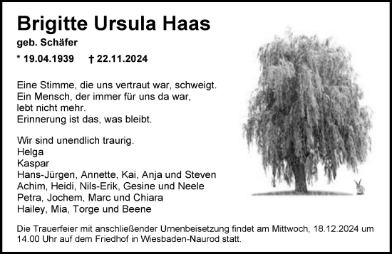 Traueranzeige von Brigitte  Haas von Wiesbadener Kurier