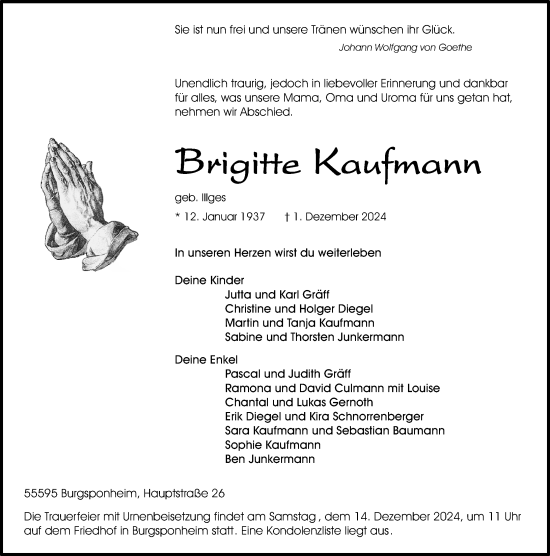 Traueranzeige von Brigitte Kaufmann von Allgemeine Zeitung Rheinhessen-Nahe