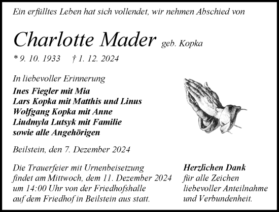 Traueranzeige von Charlotte Mader von Dill Block