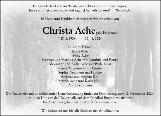 Traueranzeige von Christa Ache von Wetzlarer Neue Zeitung