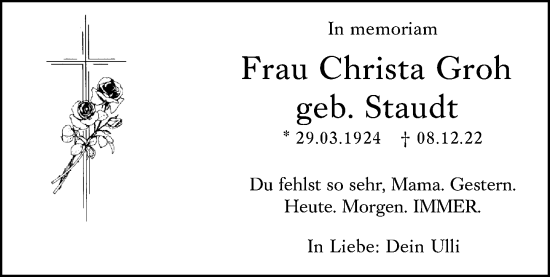 Traueranzeige von Christa Groh von Wetzlarer Neue Zeitung