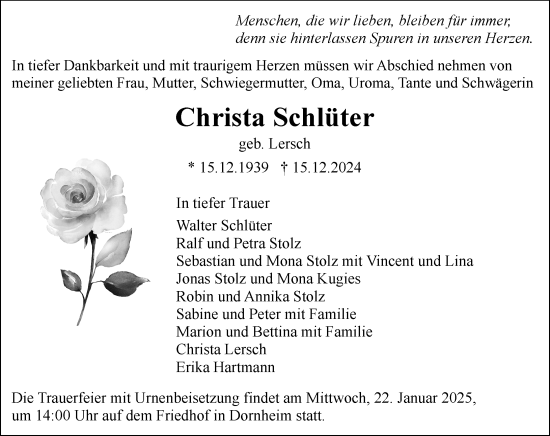 Traueranzeige von Christa Schlüter von Rüsselsheimer Echo