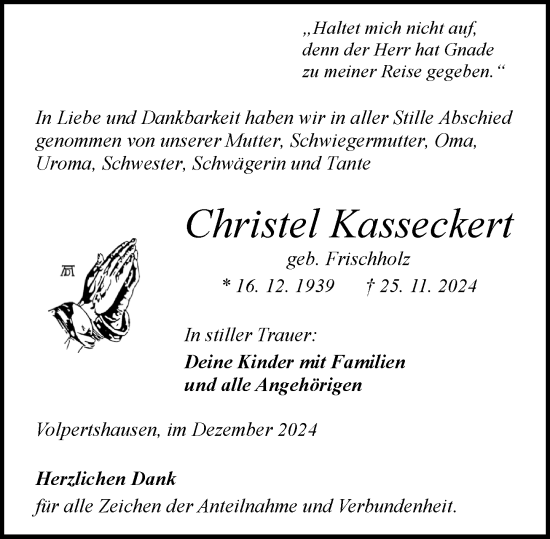 Traueranzeige von Christel Kasseckert von Wetzlarer Neue Zeitung