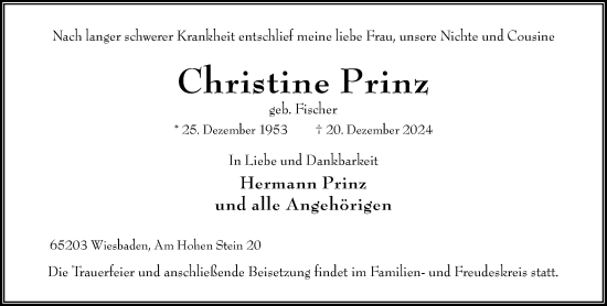 Traueranzeige von Christine Prinz von Wiesbadener Kurier