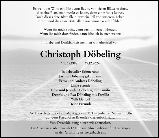 Traueranzeige von Christoph Döbeling von Wetzlarer Neue Zeitung