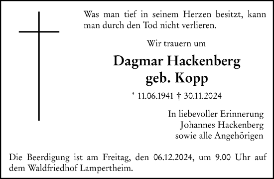 Traueranzeige von Dagmar Hackenberg von Starkenburger Echo