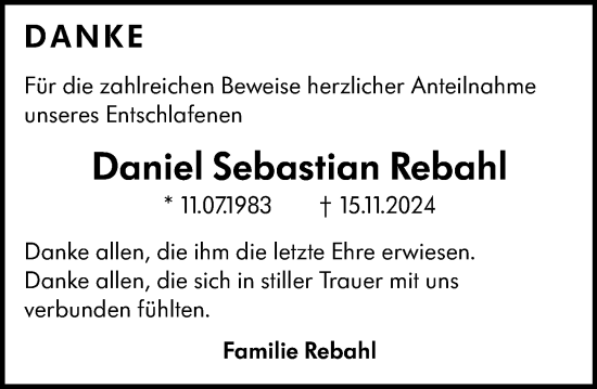 Traueranzeige von Daniel Sebastian Rebahl von Alzeyer Wochenblatt