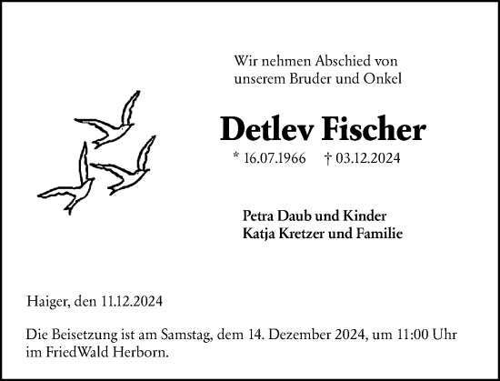 Traueranzeige von Detlev Fischer von Dill Block