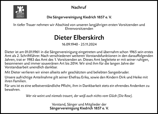 Traueranzeige von Dieter Elberskirch von Rheingau Kurier