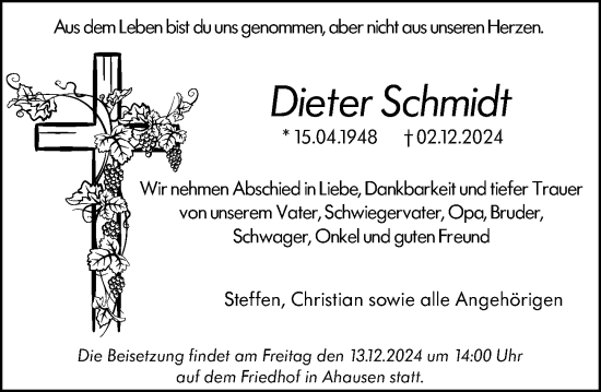 Traueranzeige von Dieter Schmidt von Weilburger Tageblatt