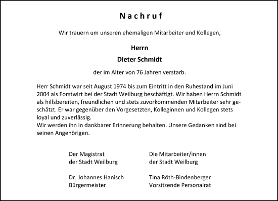 Traueranzeige von Dieter Schmidt von Weilburger Tageblatt