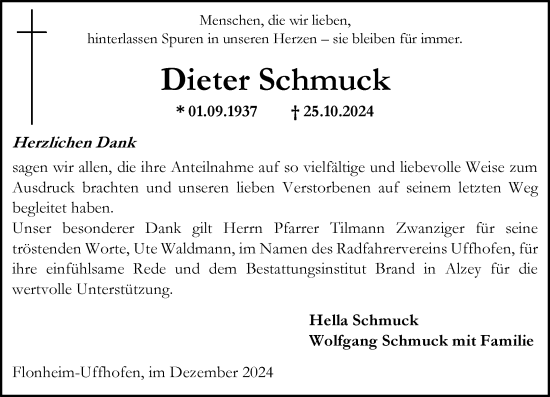 Traueranzeige von Dieter Schmuck von Allgemeine Zeitung Alzey