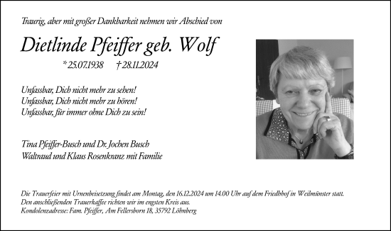 Traueranzeige von Dietlinde Pfeiffer von Weilburger Tageblatt
