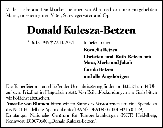 Traueranzeige von Donald Kulesza-Betzen von Allgemeine Zeitung Rheinhessen-Nahe