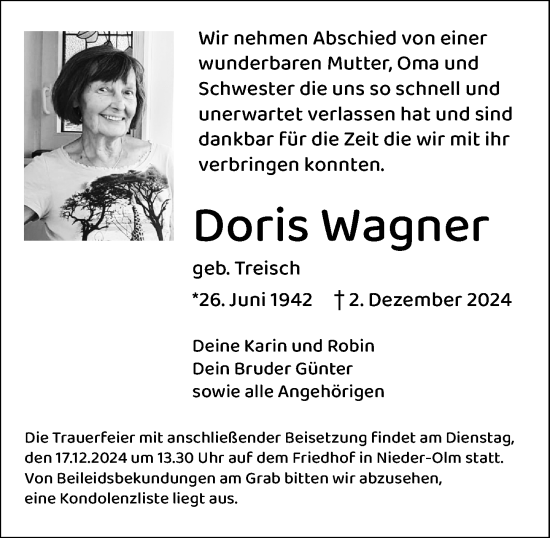 Traueranzeige von Doris Wagner von Allgemeine Zeitung Mainz