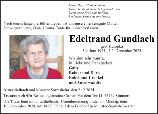 Traueranzeige von Edeltraud Gundlach von Allgemeine Zeitung Rheinhessen-Nahe