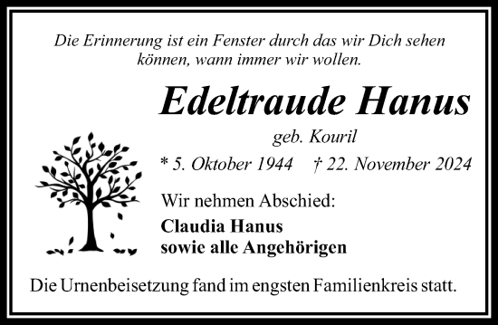 Traueranzeige von Edeltraude Hanus von Camberger Anzeiger