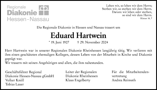 Traueranzeige von Eduard Hartwein von Allgemeine Zeitung Mainz