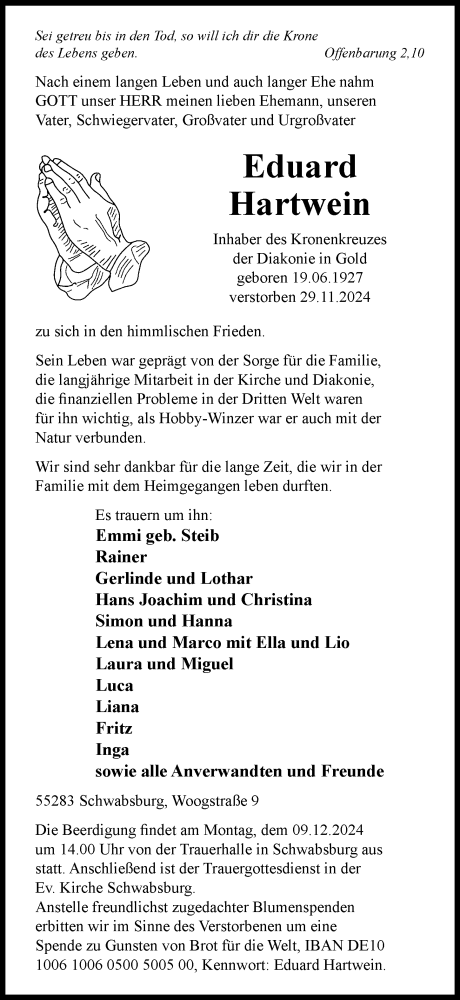 Traueranzeige von Eduard Hartwein von Allgemeine Zeitung Mainz