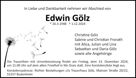 Traueranzeige von Edwin Gölz von Allgemeine Zeitung Mainz