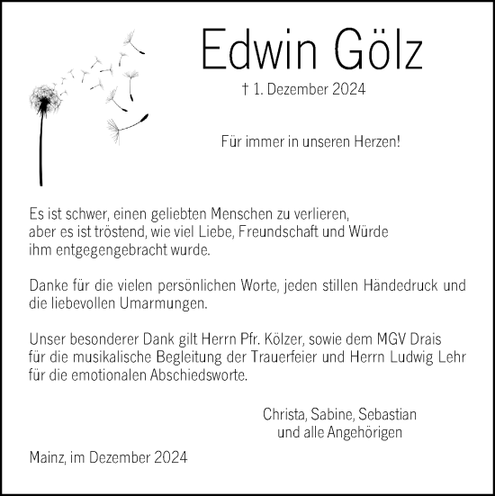 Traueranzeige von Edwin Gölz von Allgemeine Zeitung Mainz