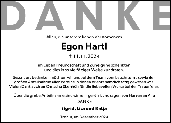 Traueranzeige von Egon Hartl von Rüsselsheimer Echo