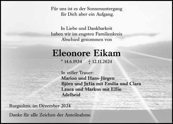 Traueranzeige von Eleonore Eikam von Wetzlarer Neue Zeitung
