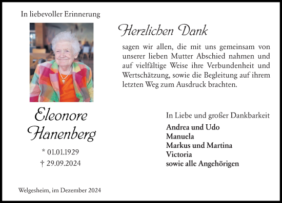 Traueranzeige von Eleonore Hanenberg von Binger-/Ingelheimer Wochenblatt