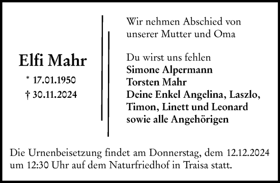 Traueranzeige von Elfi Mahr von Darmstädter Echo
