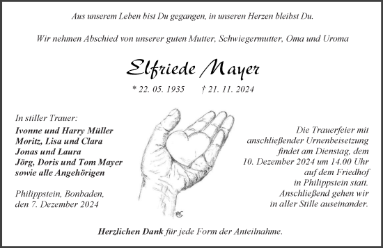 Traueranzeige von Elfriede Mayer von Wetzlarer Neue Zeitung