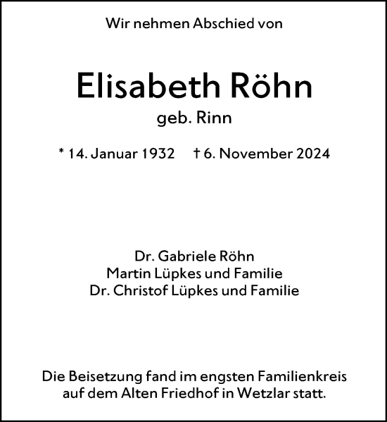 Traueranzeige von Elisabeth Röhn von Wetzlarer Neue Zeitung