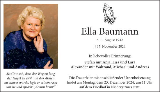 Traueranzeige von Ella Baumann von Wetzlarer Neue Zeitung