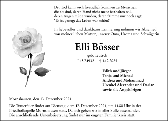 Traueranzeige von Elli Bösser von Hinterländer Anzeiger