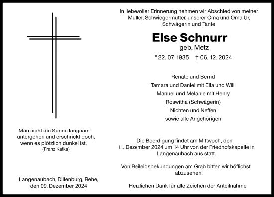Traueranzeige von Else Schnurr von Dill Block