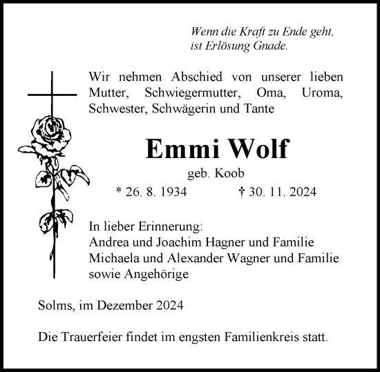 Traueranzeige von Emmi Wolf von Wetzlarer Neue Zeitung