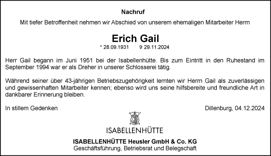 Traueranzeige von Erich Gail von Dill Block