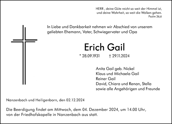 Traueranzeige von Erich Gail von Dill Block