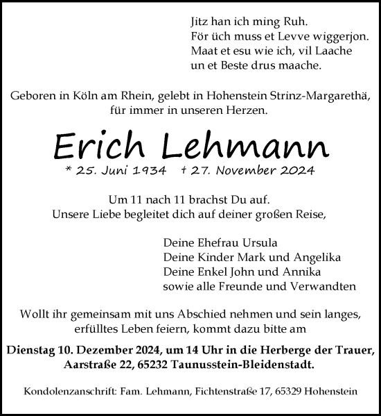 Traueranzeige von Erich Lehmann von Wiesbadener Kurier