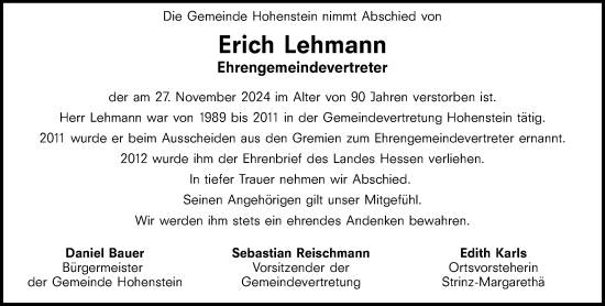 Traueranzeige von Erich Lehmann von Idsteiner Land/Untertaunus