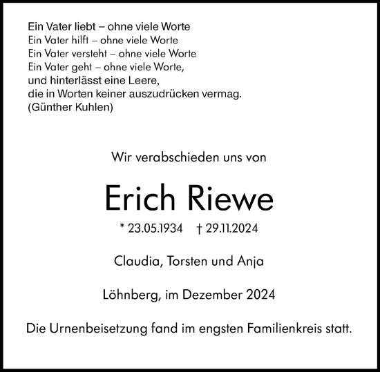 Traueranzeige von Erich Riewe von Weilburger Tageblatt