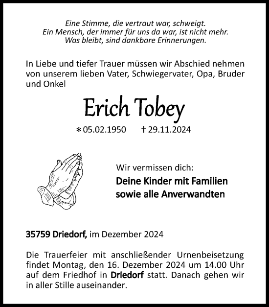 Traueranzeige von Erich Tobey von Dill Block