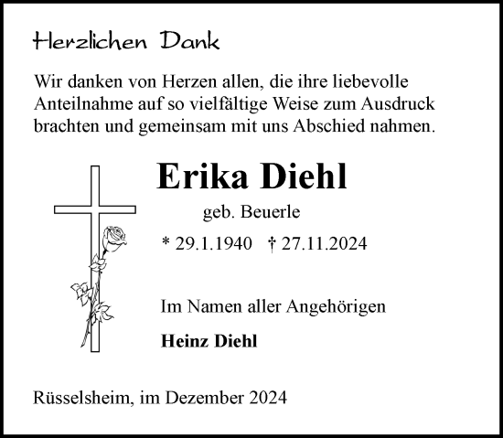 Traueranzeige von Erika Diehl von Rüsselsheimer Echo