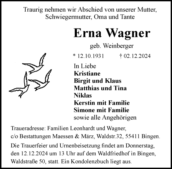 Traueranzeige von Erna Wagner von Allgemeine Zeitung Rheinhessen-Nahe
