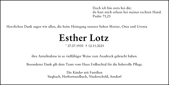 Traueranzeige von Esther Lotz von Dill Block