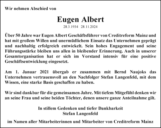 Traueranzeige von Eugen Albert von Allgemeine Zeitung Mainz
