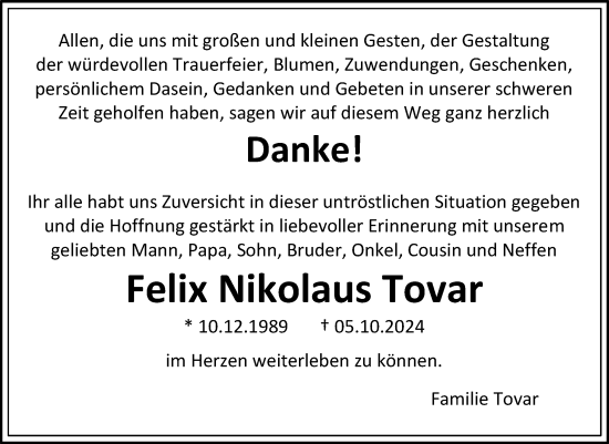 Traueranzeige von Felix Nikolaus Tovar von Allgemeine Zeitung Alzey