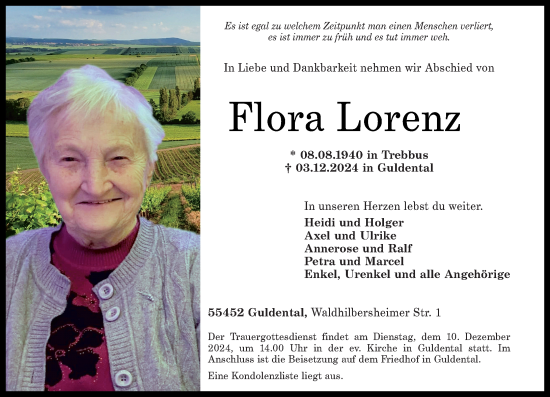 Traueranzeige von Flora Lorenz von Allgemeine Zeitung Rheinhessen-Nahe